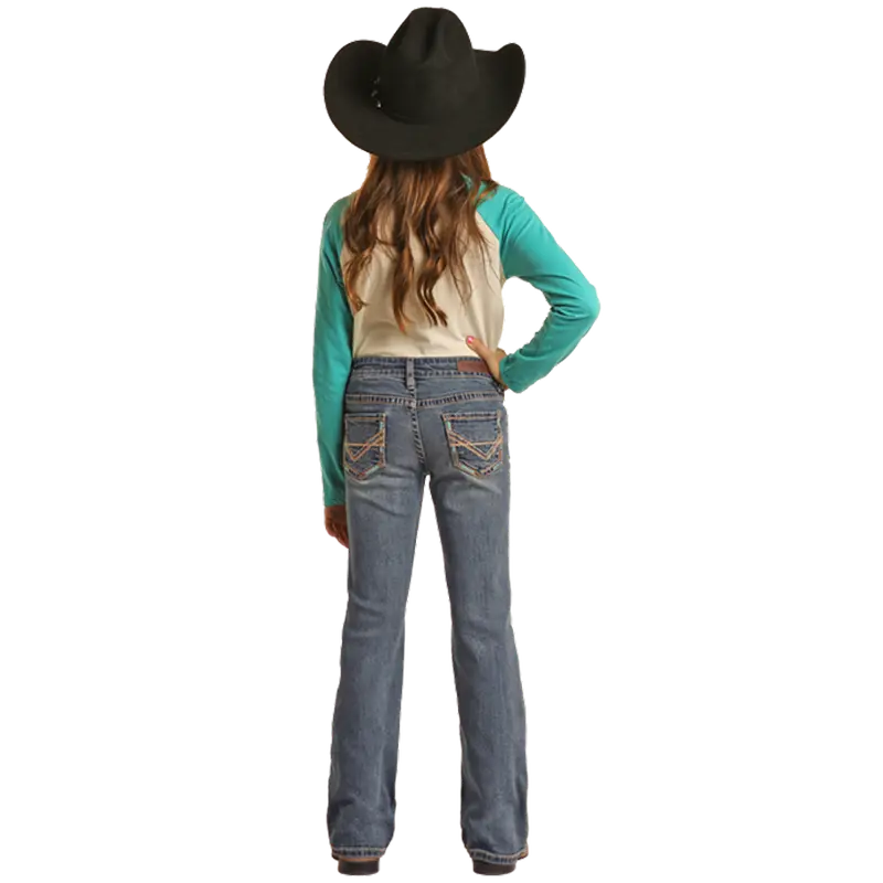 Bg4md02553 Rock & Roll Denim Girls Bootcut Mid Rise Jeans With Pedal Stitch Embroidery 1