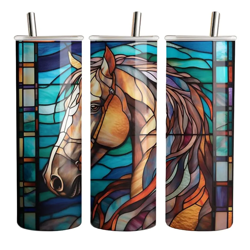Black Stallion Designs 20Oz Horse Tumbler - Blue Stained Glass 1