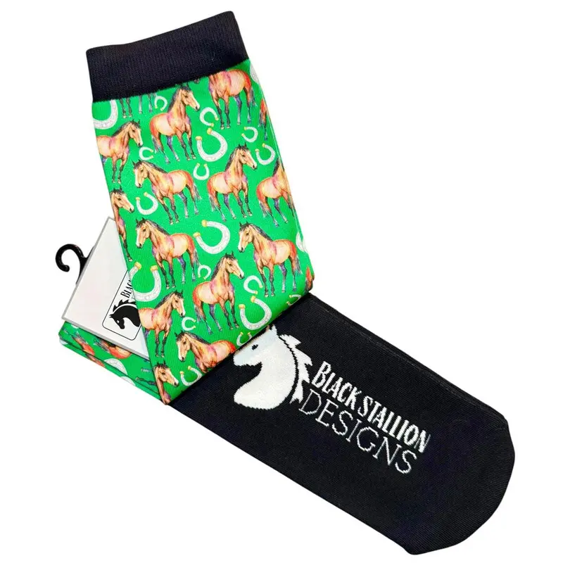 Black Stallion Designs Women's Equestrian Boot Socks - Horses & Horseshoes 1