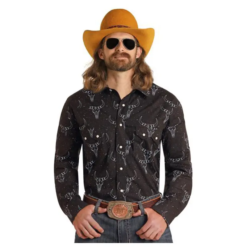 Bmn2s05838 Dale Brisby Long Sleeve Longhorn Print Snap Shirt - Black 1