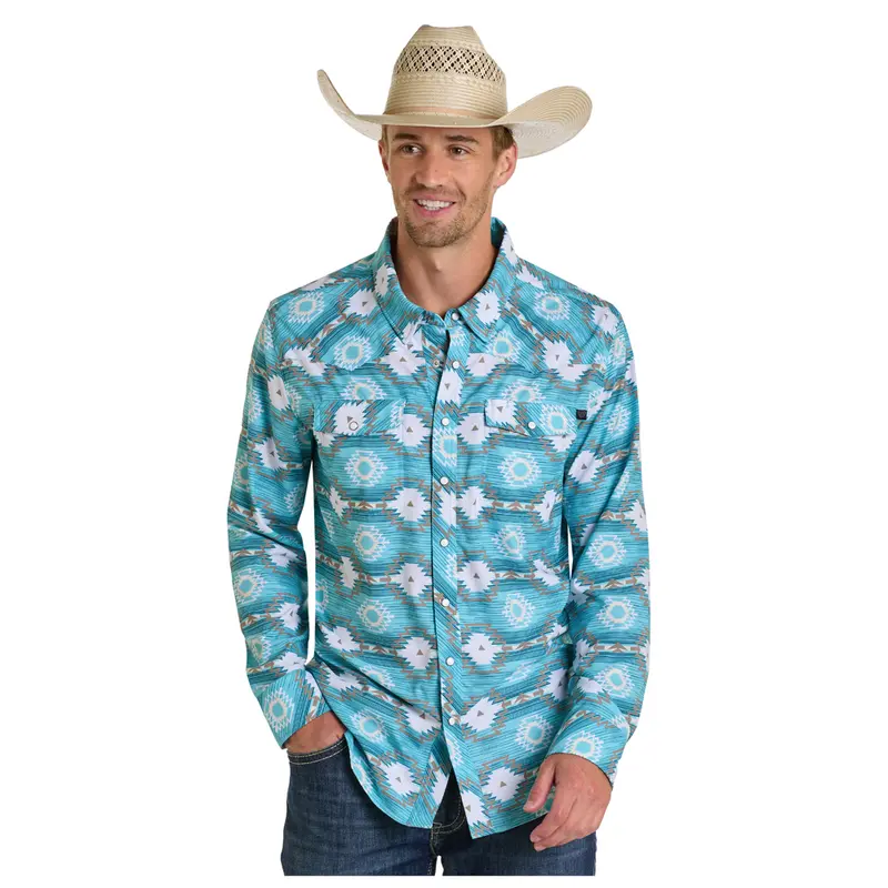 Bmn2s06433 Rock & Roll Men's Long Sleeve Aztec Print Western Snap Shirt - Turquoise 1