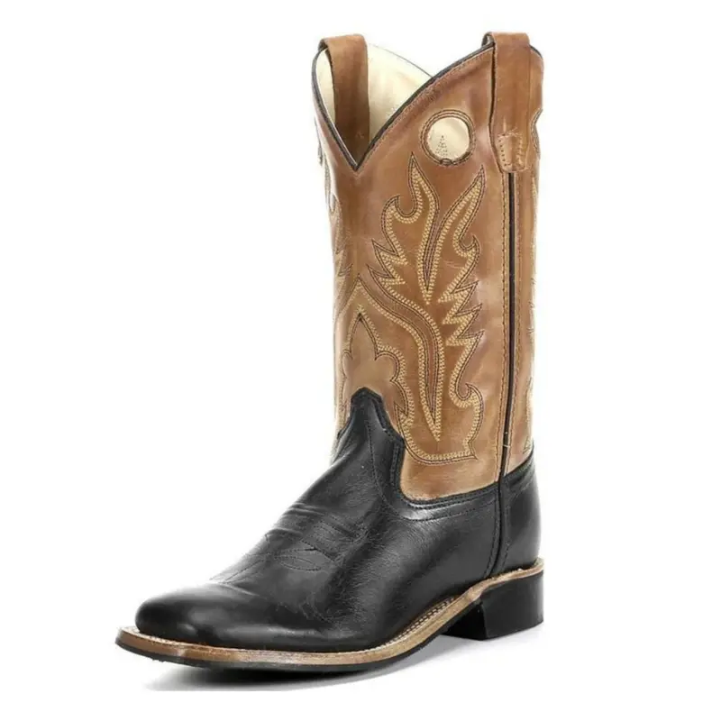 Bsc1810 Old West Kids Square Toe Black And Tan Leather Western Cowboy Boot 1