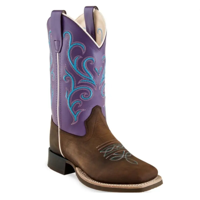 Bsy1907 Old West Girl's Square Toe Leather Western Boot Brown With Purple Top 1
