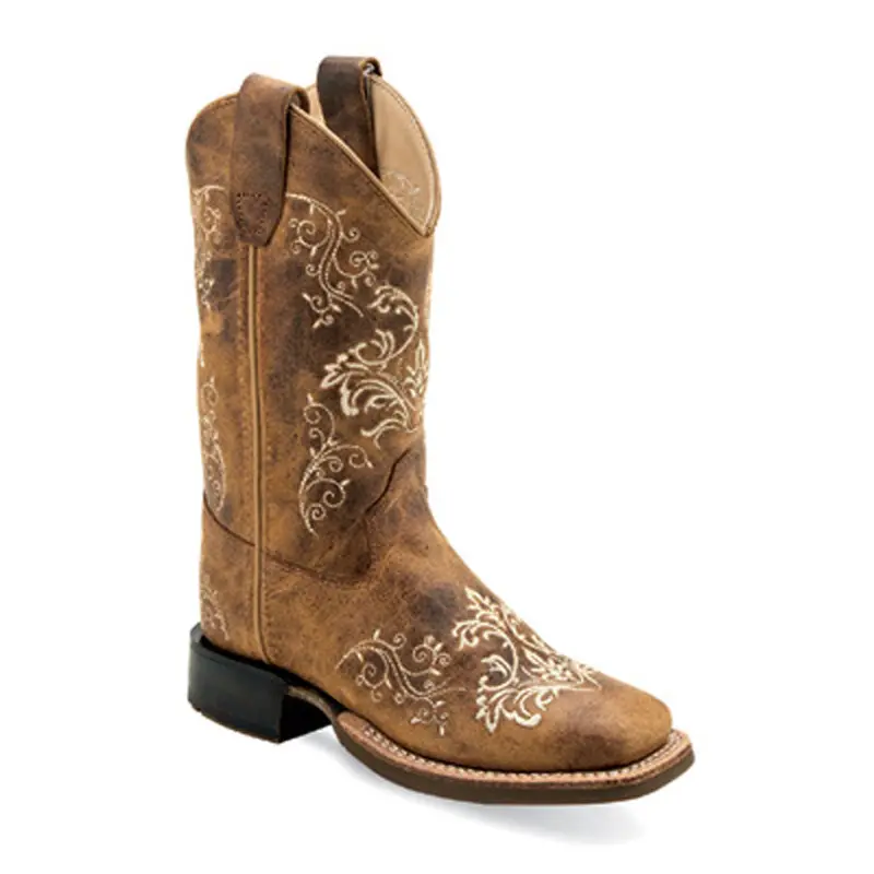 Bsy1958 Old West Girl's Youth Square Toe Leather Western Boot Brown With Embroidery 1