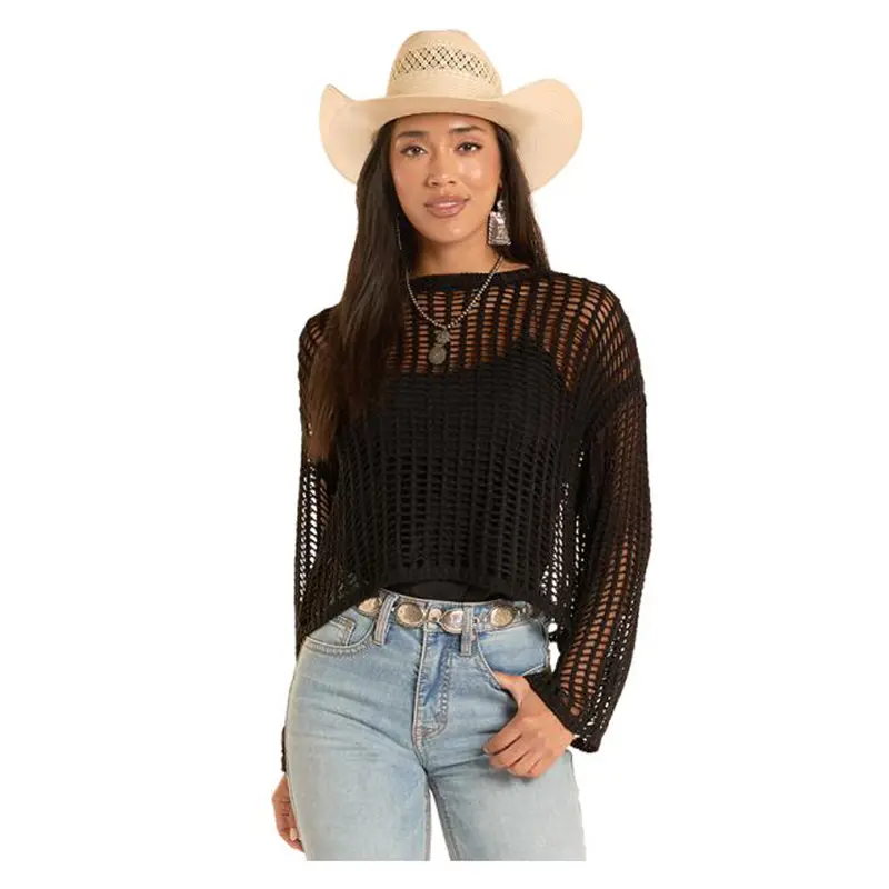 Bw32t08803 Rock & Roll Women's Open Knit Sweater Top - Black 1