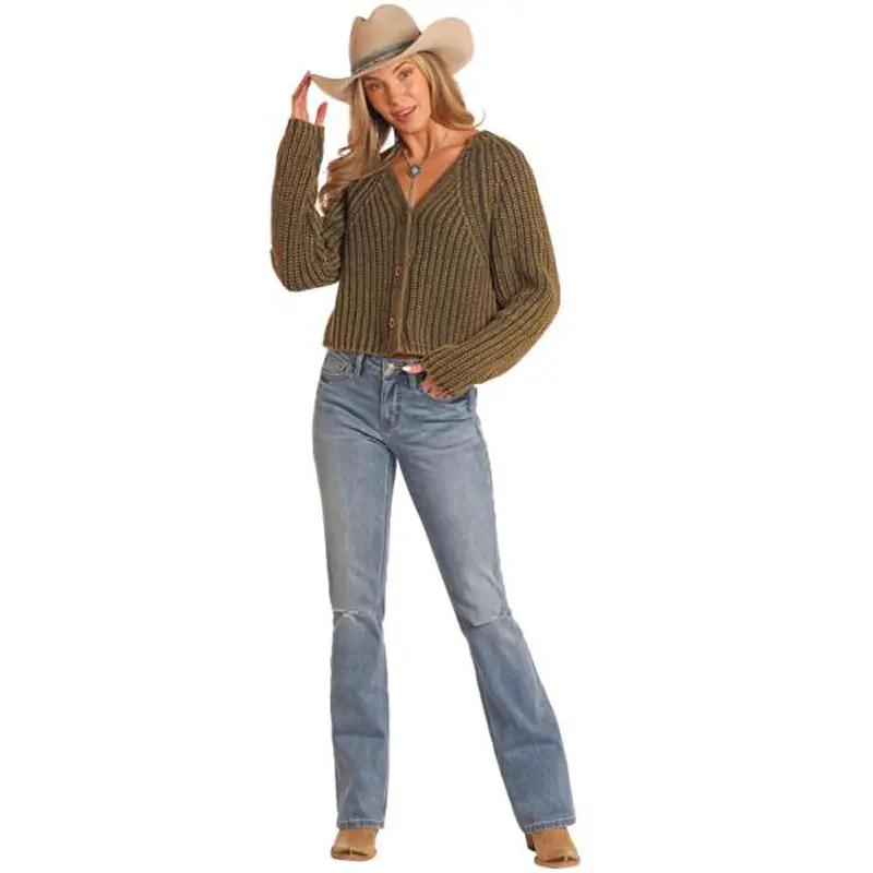 Bw95t05283 Rock & Roll Women's Chunky Knit Cardigan Sweater - Forest Green 1