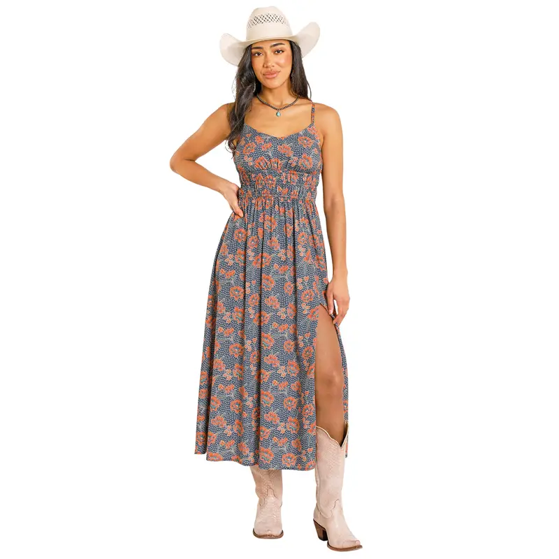 Bwd0r08086 Rock & Roll Women's Floral Print Maxi Dress - Navy 1