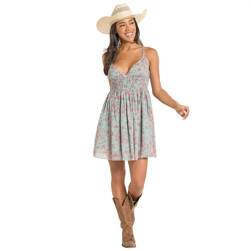 Bwd0r08134 Rock & Roll Women's Floral Print Mini Dress - Sky Blue 1
