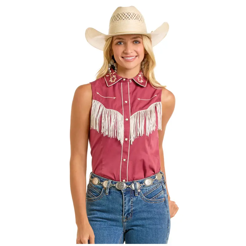 Bwn0s06682 Rock & Roll Women's Sleeveless Embroidered Retro Snap Shirt - Wine 1