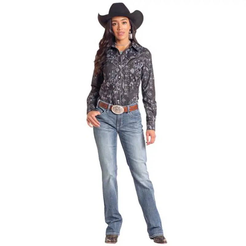 Bwn2s04719 Rock & Roll Women's Long Sleeve Aztec Print Snap Shirt - Black 1