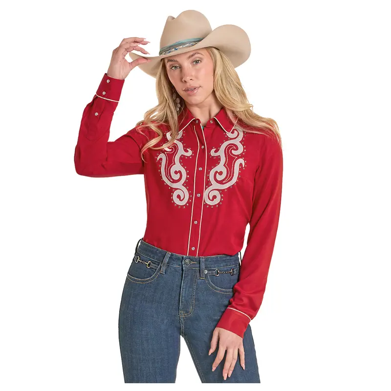 Bwn2s08101 Rock & Roll Women's Studded Retro Western Snap Shirt - Red 1