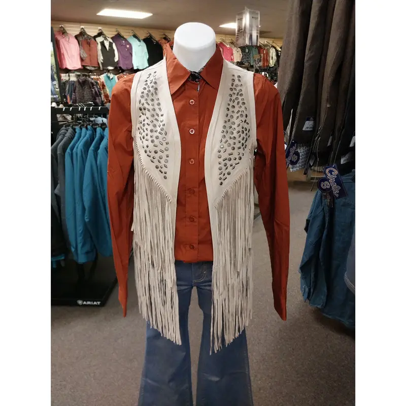 Cr191 Cripple Creek Women's Studded Fringe Microsuede Vest - Beige 1