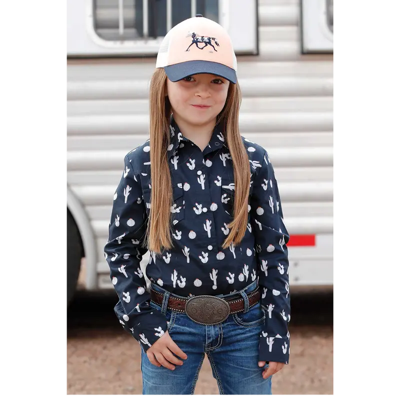 Ctw3230050 Cruel Girl Girls' Long Sleeve Western Snap Shirt - Navy Print 1