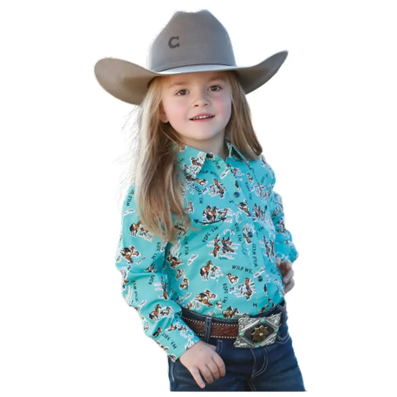 Ctw3370017 Cruel Girl Girls' Long Sleeve Western Snap Shirt - Turquoise Cowgirl Print 1