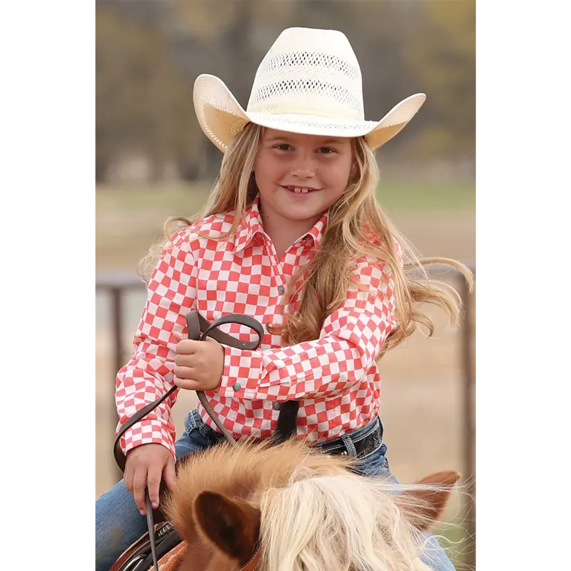 Ctw3371001 Cruel Girl Girls' Long Sleeve Western Snap Shirt - Coral Checkered Print 1