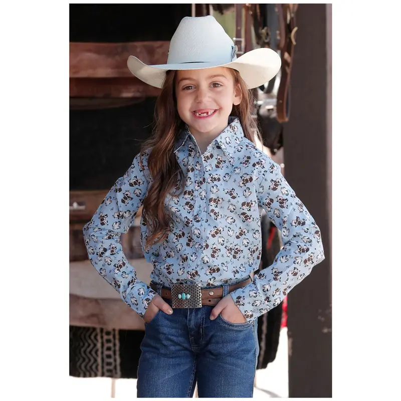 Ctw3380002 Cruel Girl Girls' Long Sleeve Shirt - Light Blue With Cow Print 1