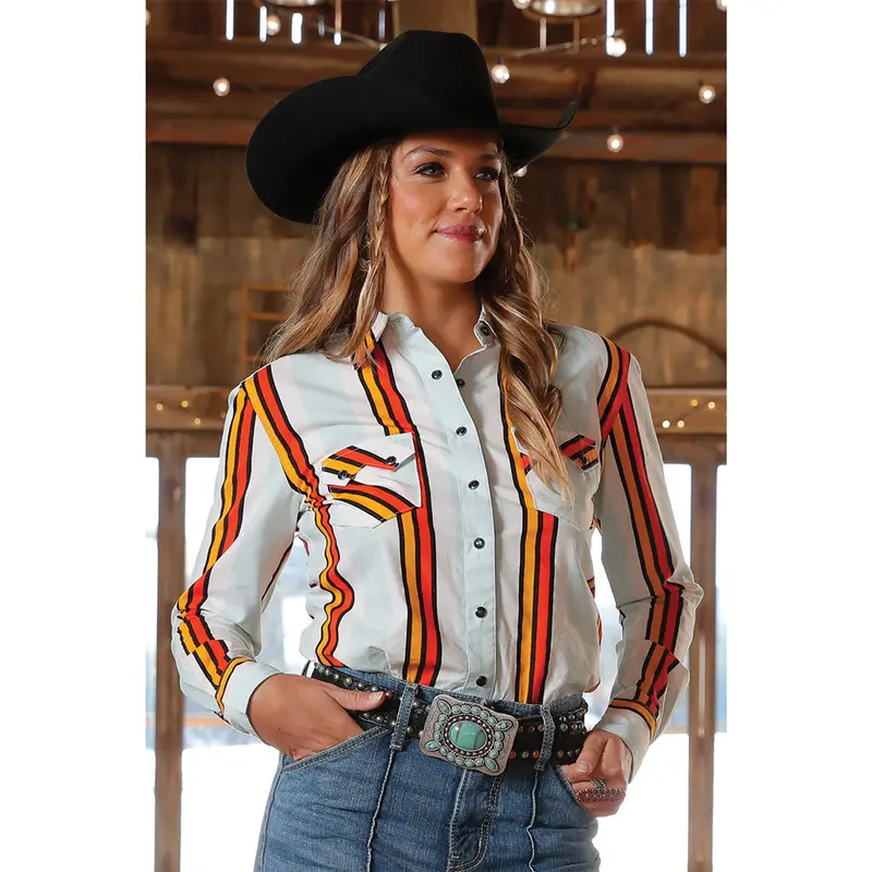 Ctw7250009 Cruel Girl Women's Long Sleeve Boyfriend Fit Western Snap Shirt - White & Orange Stripe 1