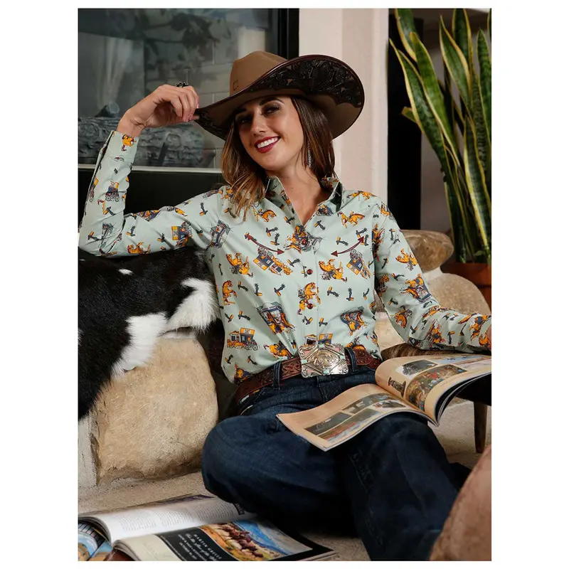 Ctw7398002 Cruel Women's Long Sleeve Light Green Western Print Snap Shirt 1