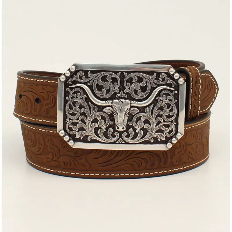 D100012102 3D Men's Western Floral Tooled Belt Longhorn Embossed Buckle 1