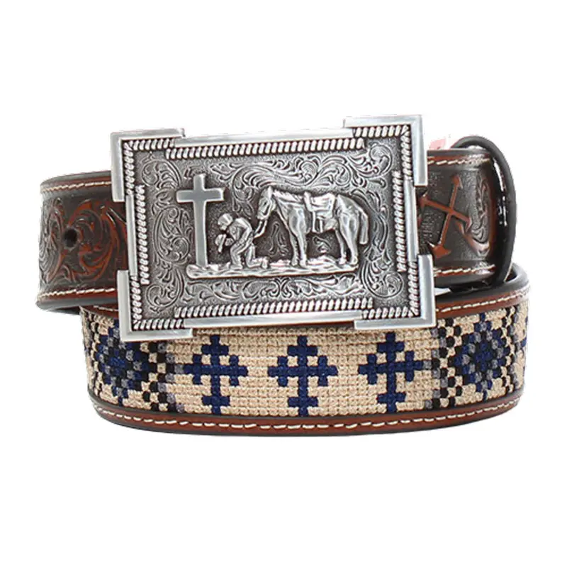 D120002402 3D Childrens Aztec Embroidery With Navy And Square Belt Buckle Western Brown Belt 1