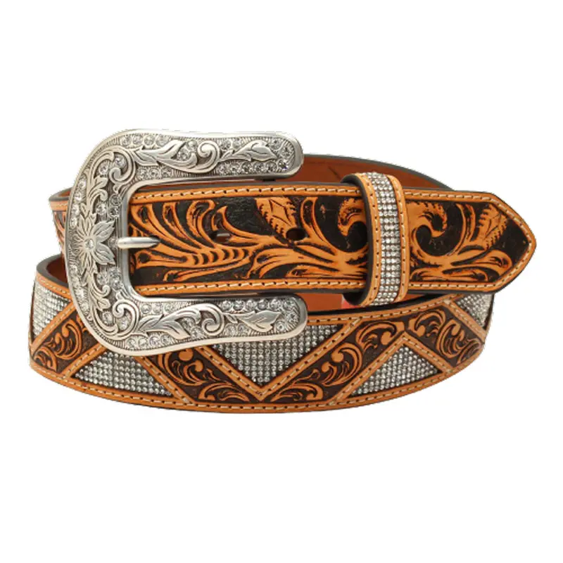 D140002808 Angel Ranch Women's Zig Zag Stones Floral Tooled Western Belt 1