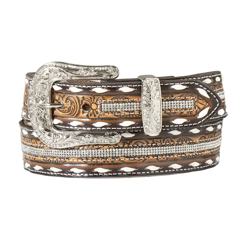 D140005808 Angel Ranch Ladies Belt 1 1/2" Floral Embossed Crystal Inlay - Tan 1