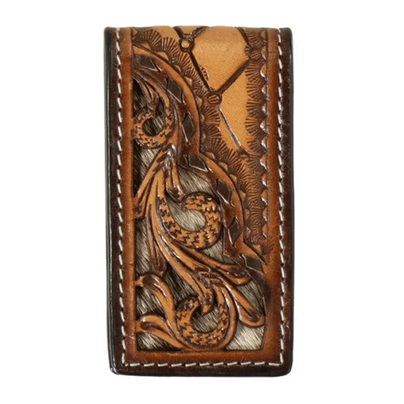 D250014408 3D Leather Money Clip Magnetic Scrolling Filigree Tan 1