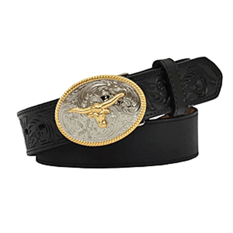 D4204 M&F Boys' Black Distressed Leather Belt With Longhorn Belt Buckle 1