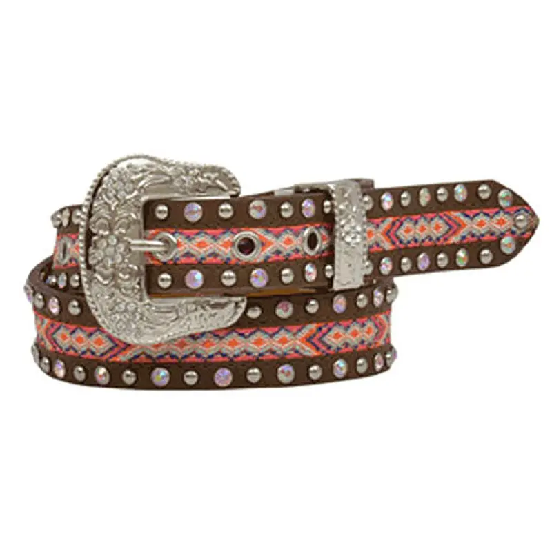 Da5222 Angel Ranch Girls' Western Brown Belt With Silver Studs And Pink Print Fabric Inlay 1