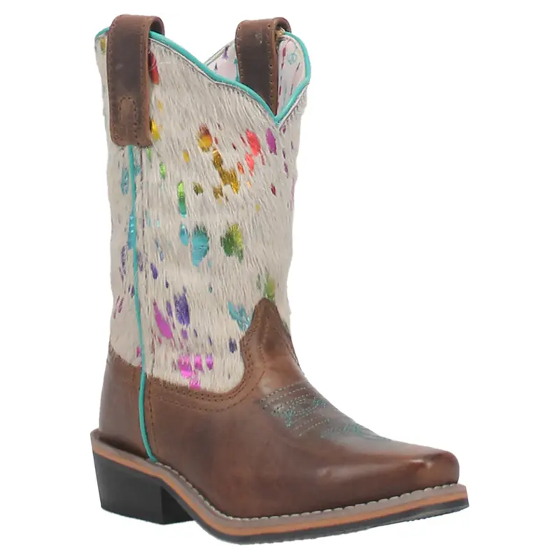 Dpc2908 Dan Post Childs Rumi Brown Leather Boot W/Rainbow Splatter Hide 1