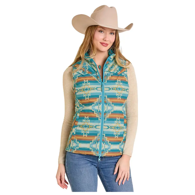 Dw98c06848 Panhandle Slim Powder River Outfitters Women's Aztec Reversible Quilted Vest - Turquoise 1