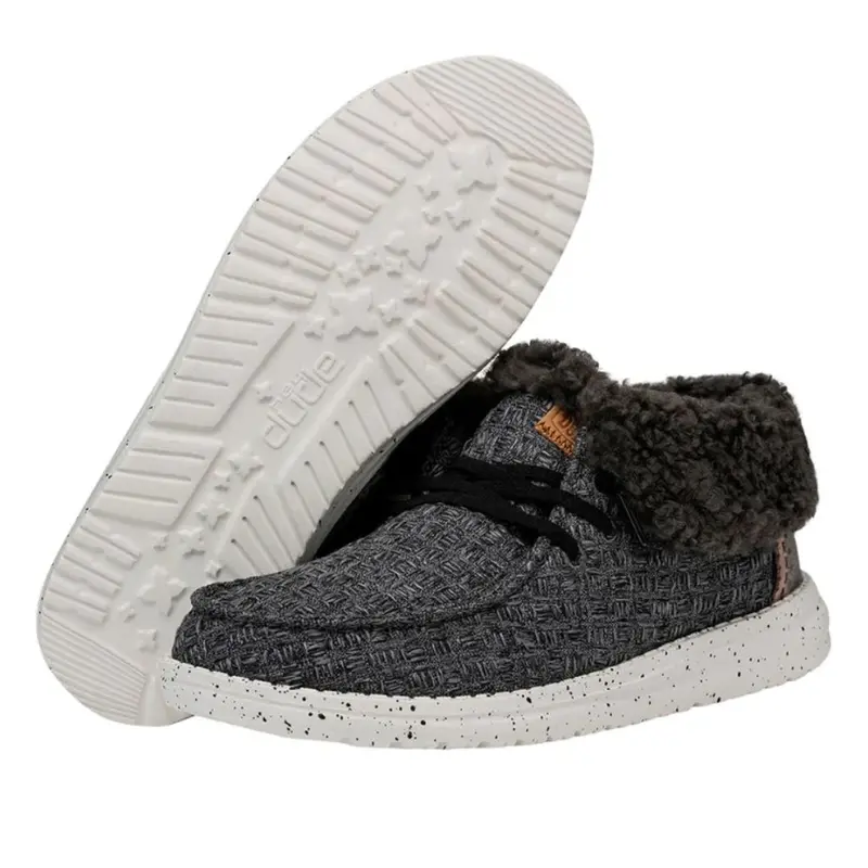 Hey Dude Wendy Fold Stitch Boot Cozy- Black Grey With Grey Sherling 1