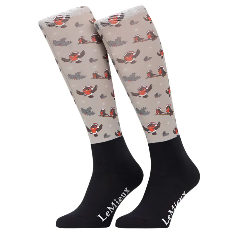 It07301 Lemieux Adult Footsie Riding Boot Socks - Almond Christmas Robins 1