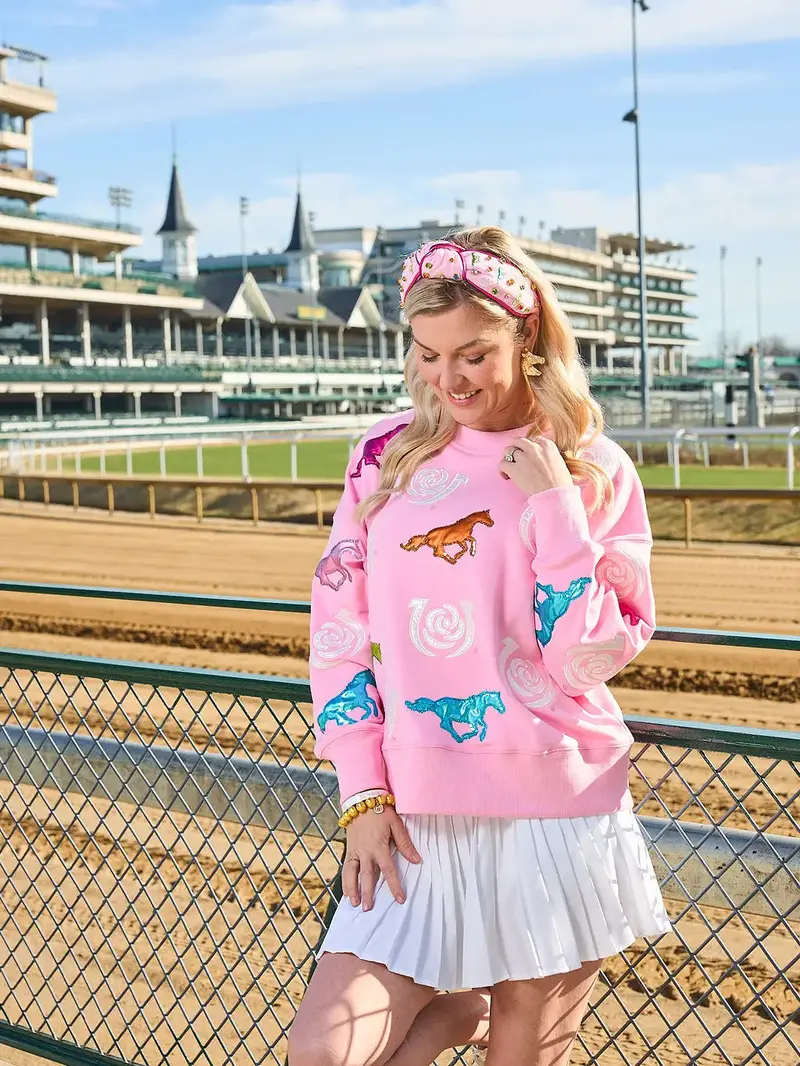 Kentucky Derby X Brianna Cannon Pink Rainbow Race Horse Sweatshirt 1