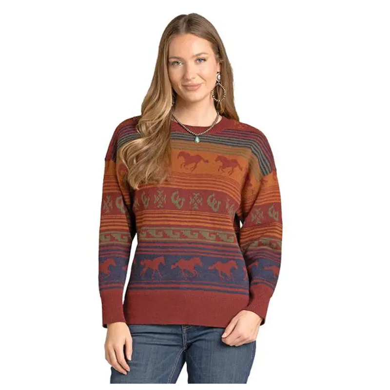 Lw32t07120 Panhandle Women's Long Sleeve Oversized Horse Serape Sweater - Rust 1