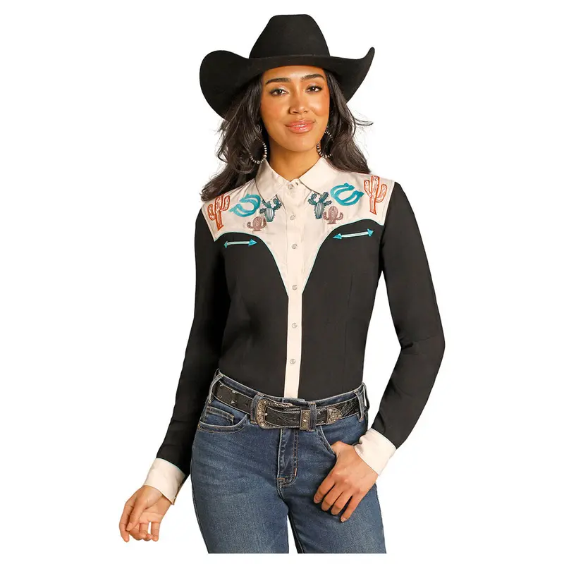 Lwn2s07913 Panhandle Slim Women's Black Retro Long Sleeve Snap Shirt -Black 1