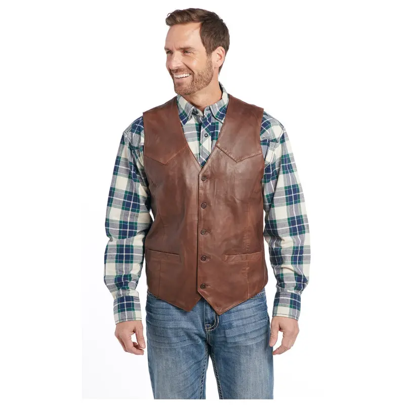 Ml3064 Cripple Creek Men's Button Front Smooth Leather Vest - Vintage Brown 1