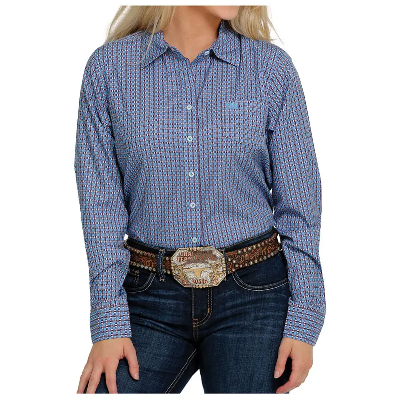 Msw9163005 Cinch Women's Arenaflex Long Sleeve Button Down Shirt - Light Blue And Purple Print 1