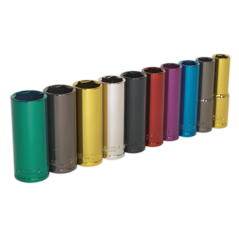 Multi-Coloured Socket Set 10Pc 1-2"Sq Drive 6Pt Deep Walldrive® Metric 1