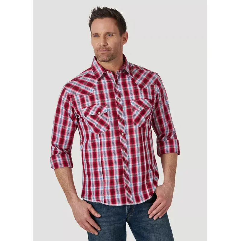 Mvg284r Wrangler Men's Long Sleeve Red Plaid Snap Shirt 1