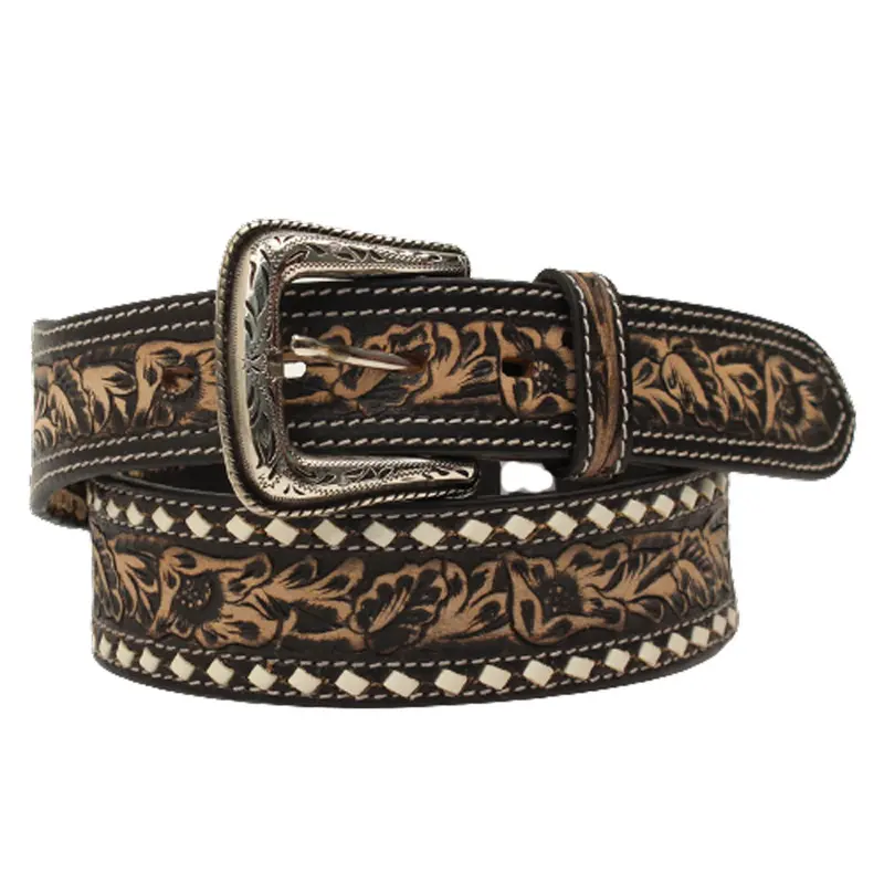 N210005801 Nocona Men's Floral Tooled Buckstitch Distressed Black Belt 1