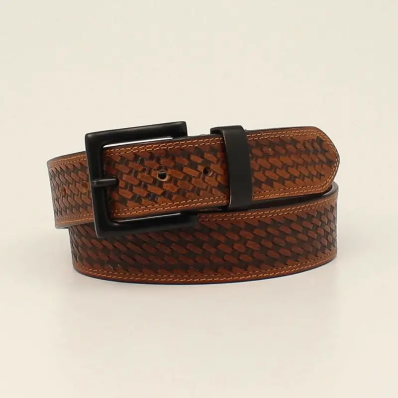 N2714208 Men's Hd Xtreme Basketweave Tooled Brown Belt 1