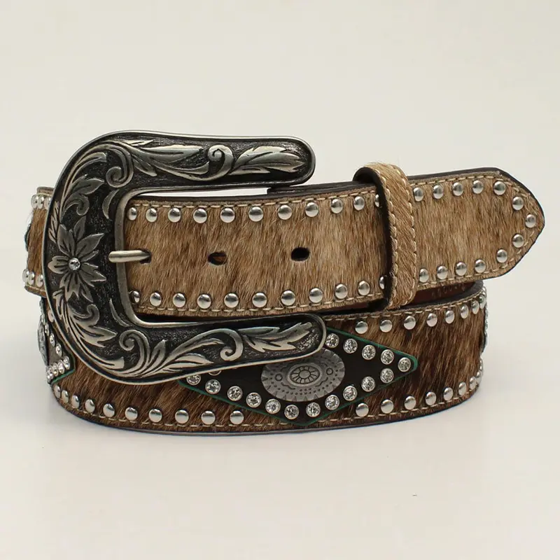 N320002002 Nocona Ladies 1 1/2 Inch Calf Hair Belt Brown Oval Concho 1