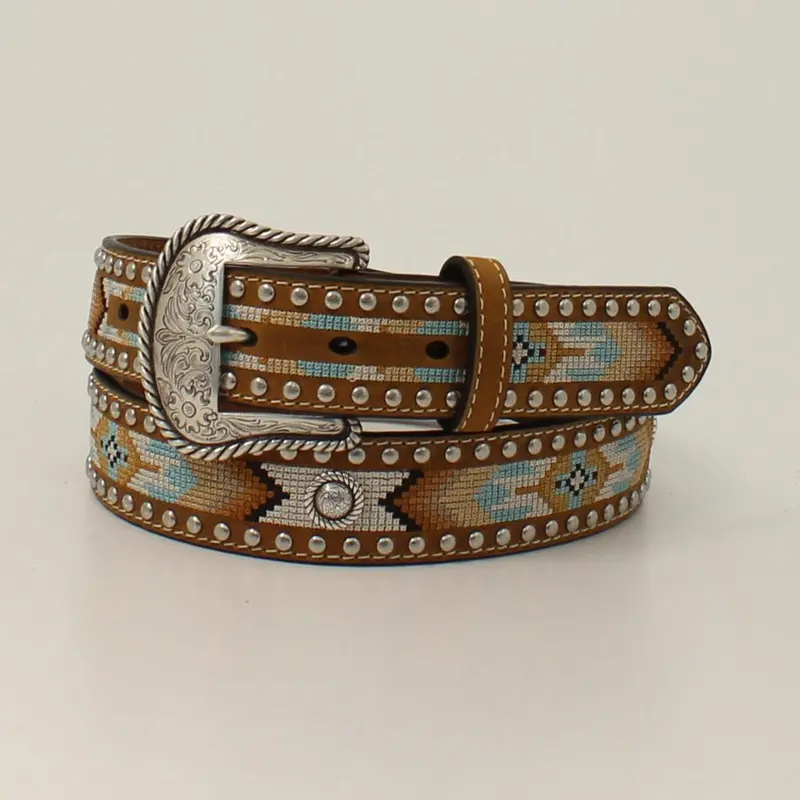 N320003044 Nocona Women's Southwest Embroidered With Round Concho Brown Belt 1