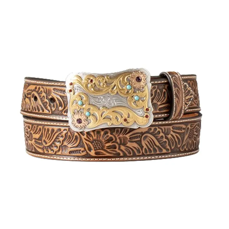 N320005648 Nocona Women's Floral Embossed Belt W/ Scalloped Belt Buckle 1