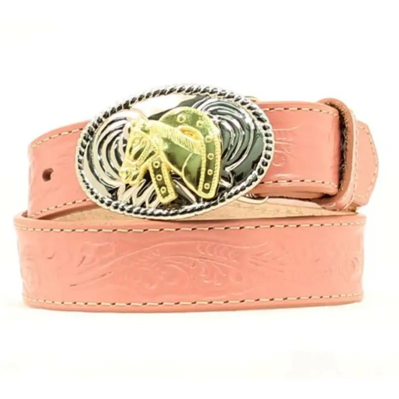 N4410530 Nocona Girls Pink Tooled Belt With Horseshoe Buckle 1