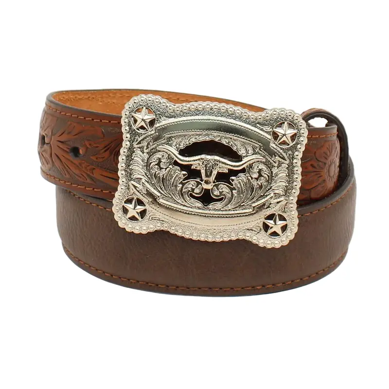 N4428602 Nocona Boy's Western Belt With Floral Embossed Tabs And Buckle - Brown 1