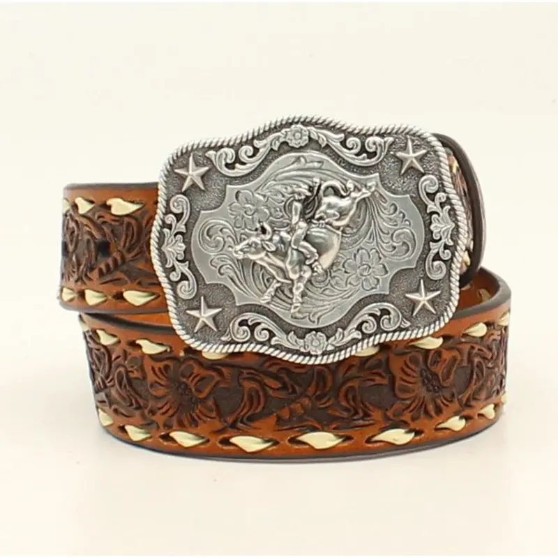 N4436208 Nocona Boys Buckstich Floral Embossed Belt W/ Bucking Bull Buckle 1