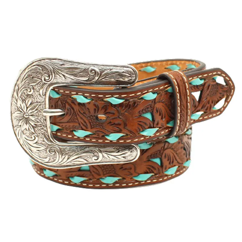 N4439608 Nocona Floral Pierced Turquoise Underlay Girls Belt 1