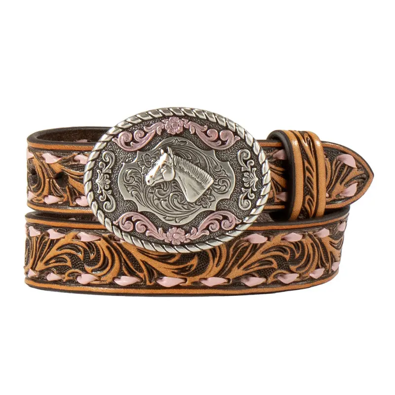 N4443230 Nocona Infant Girl 3/4 Inch Scrolling Design Western Belt - Brown 1